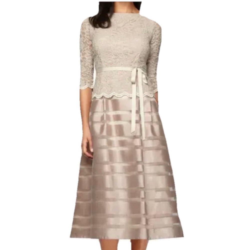Alex Evenings Champagne Glitter Lace Striped Organza Midi Party Dress Size 6